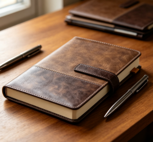 A5 leather-cover notebook with pen