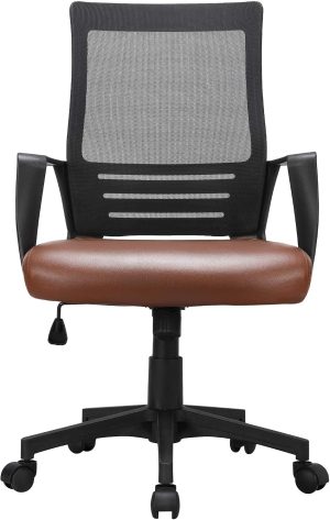 Mid-Back Mesh Office Chair With Leather Seat Cushion, Swivel, And Adjustable Height